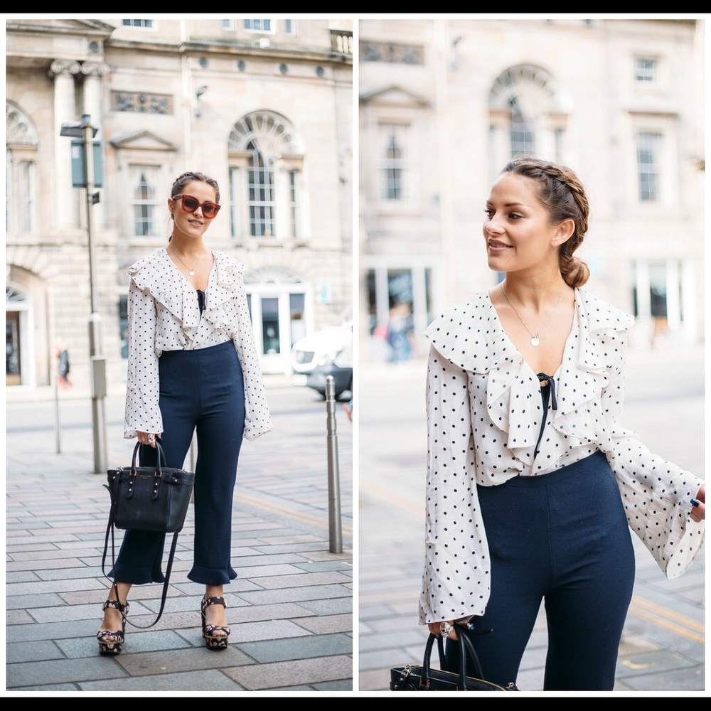 Topshop White Polka Dot Ruffle Blouse